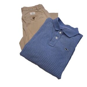 Vineyard Vines Boys  2pcs Set Khaki Chino Pants & Blue Stripe Polo Shirt Sz 16